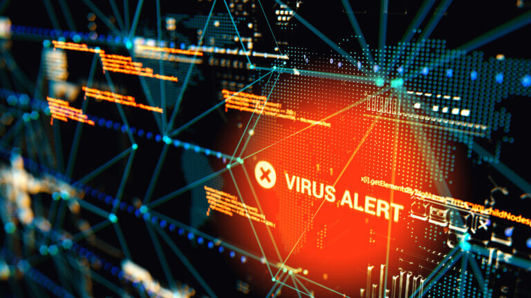A graphic depicting web security with the text "Virus Alert"