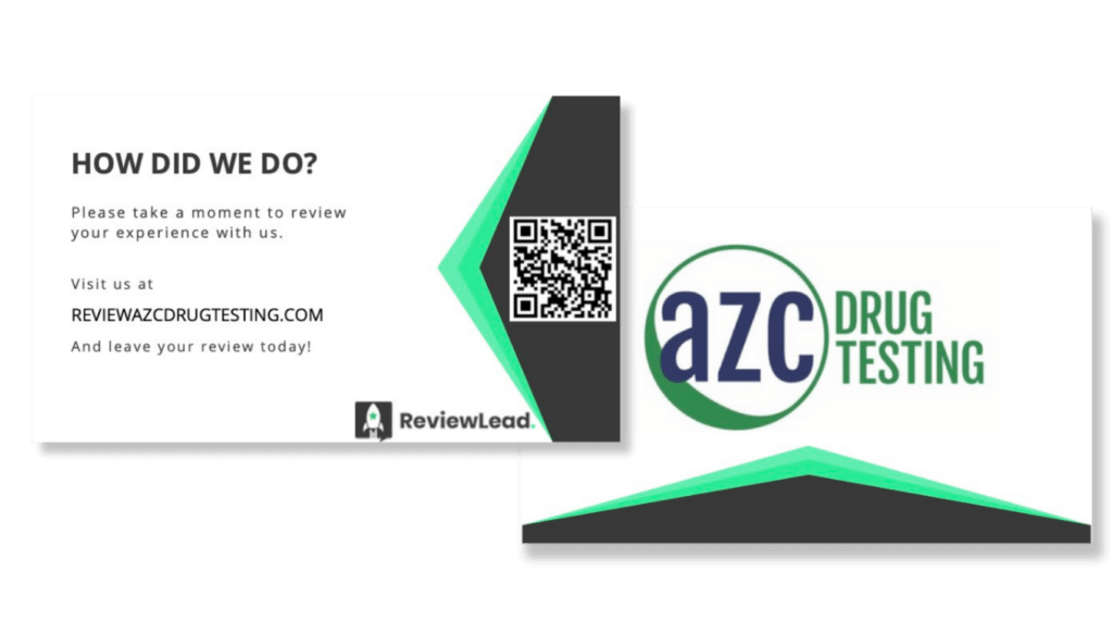 A review card for businesses to get positive reviews from clients that has a QR code on one side and business information on the other