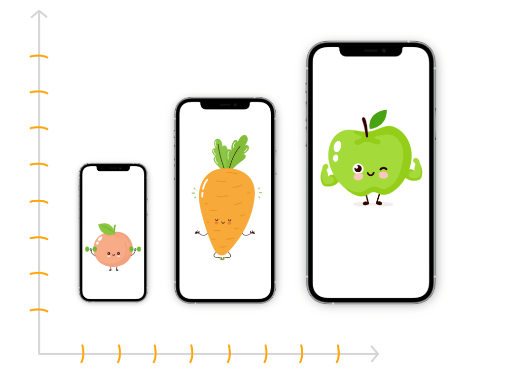 A graph with 3 phones depicting a peach, a carrot, and an apple