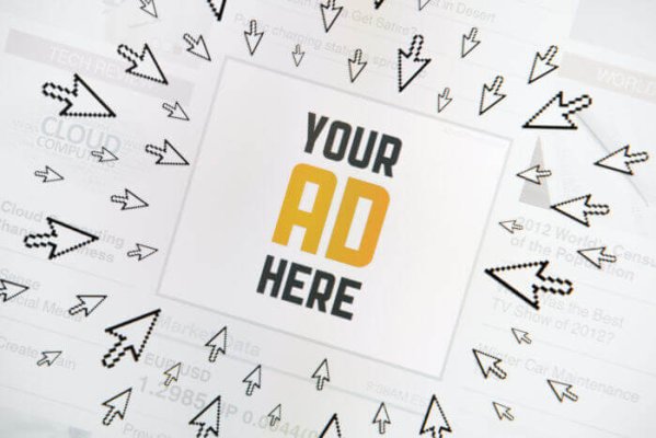 Success internet banner with text "YOUR AD HERE" and lot of clicking pointers around. Conceptual image.